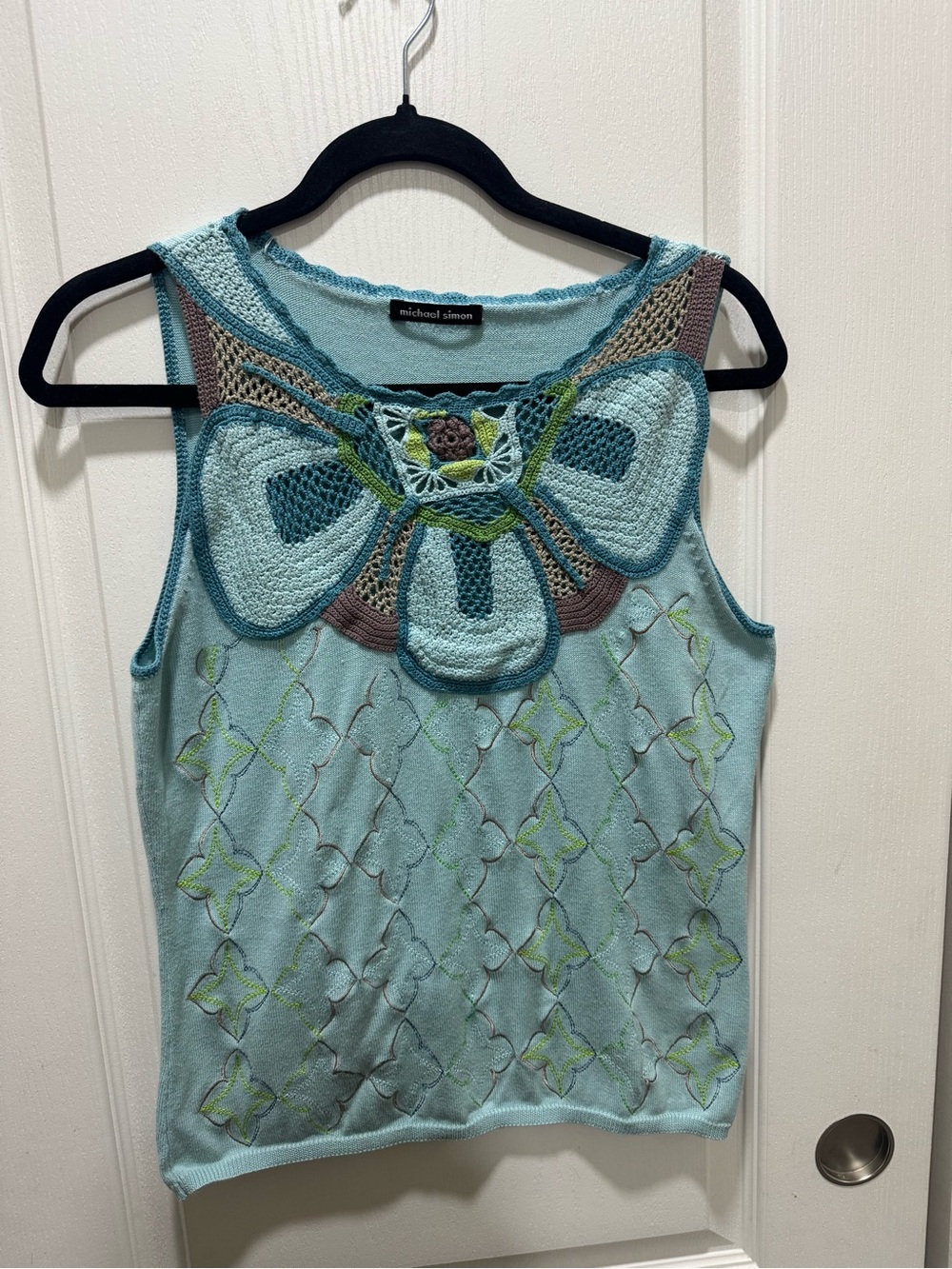 Michael Simon Crochet Butterfly Embroidered Tank Top Aqua No Size